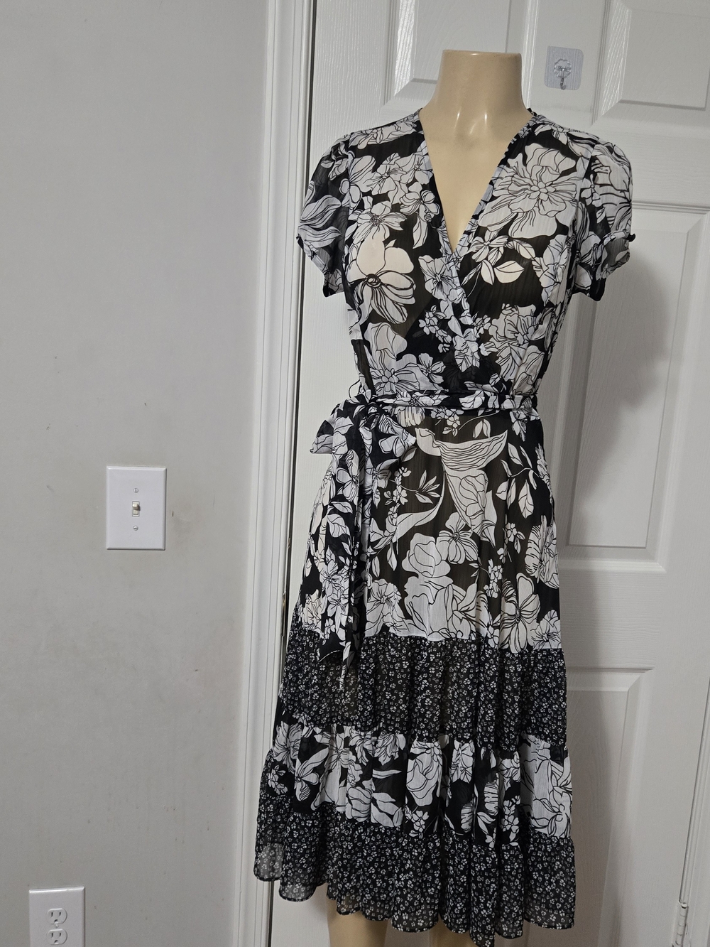 Fashion Bug Black and White Floral Wrap Dress